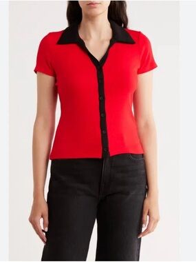 NWOT Cyrus Red Short-Sleeve Button-Front Top with Black Trim